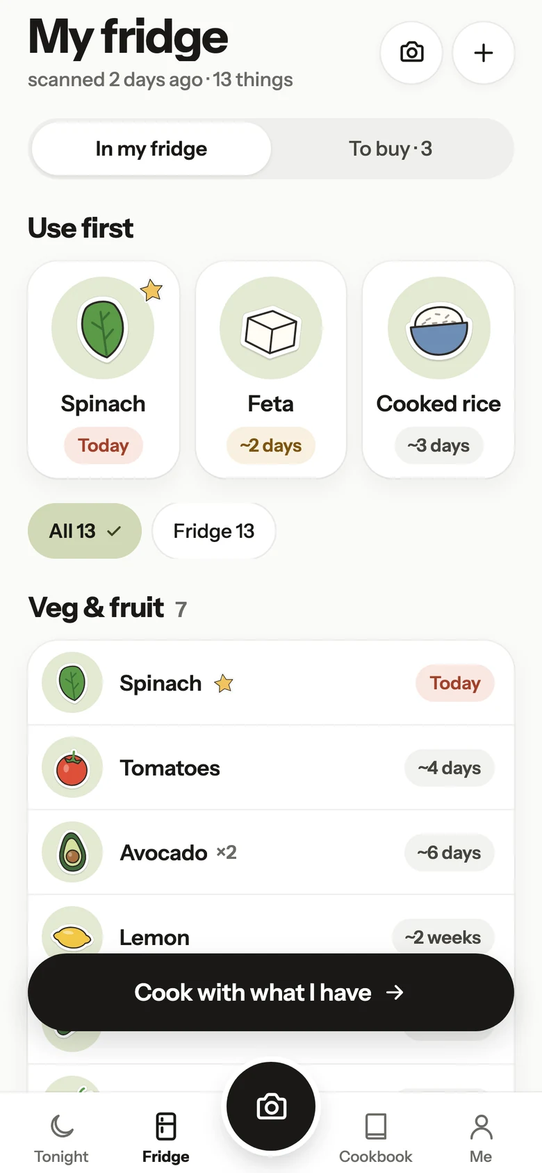 Frigomi’s fridge tab: spinach to use today, feta in about 2 days, cooked rice in about 3 days.