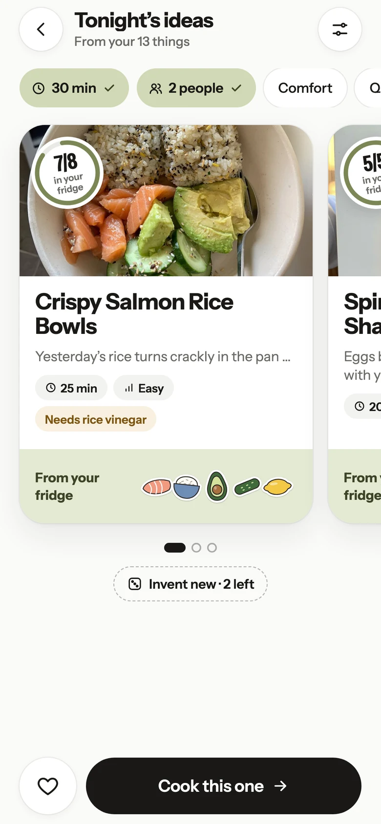 Tonight’s ideas in Frigomi: Crispy Salmon Rice Bowls, with 7 of its 8 ingredients already in the fridge.