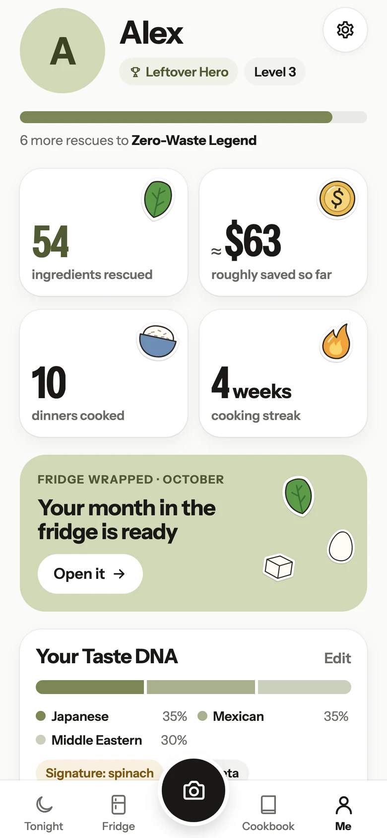 Frigomi stats: 54 ingredients rescued, about $63 saved, 10 dinners cooked and a 4-week cooking streak.