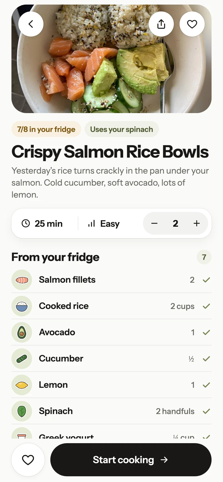 A Frigomi recipe, Crispy Salmon Rice Bowls: 7 of 8 ingredients in your fridge, each one ticked off.